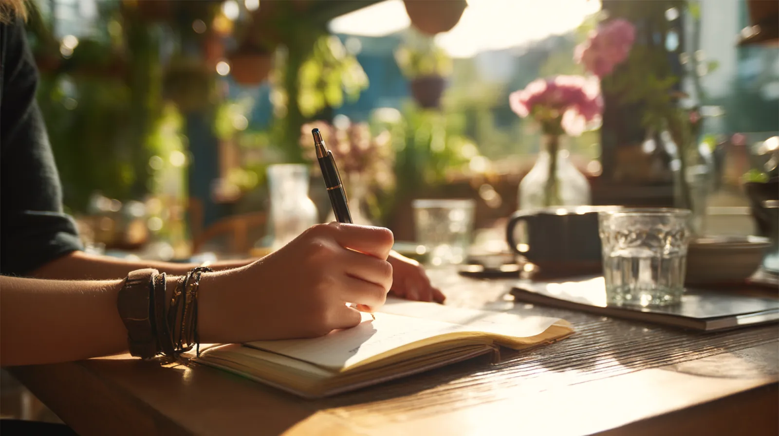 Person skriver anteckningar på kafé med lugn atmosfär
