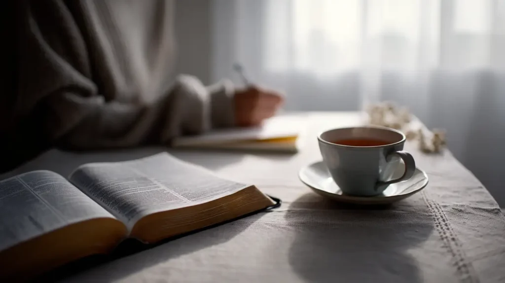 Morgonrutin med Bibel, anteckningsbok och te.