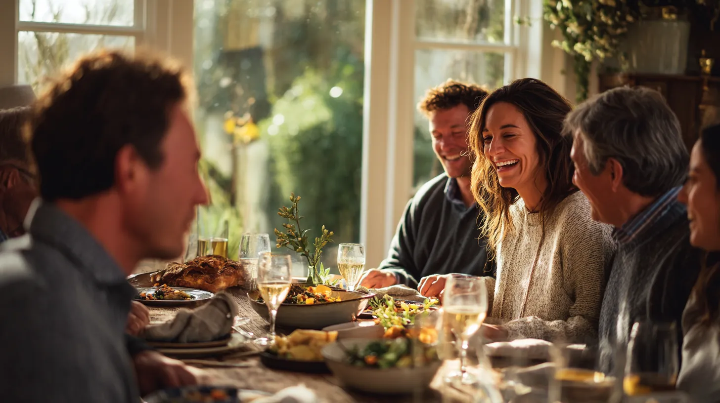 En familj och vänner delar en måltid i glädje.