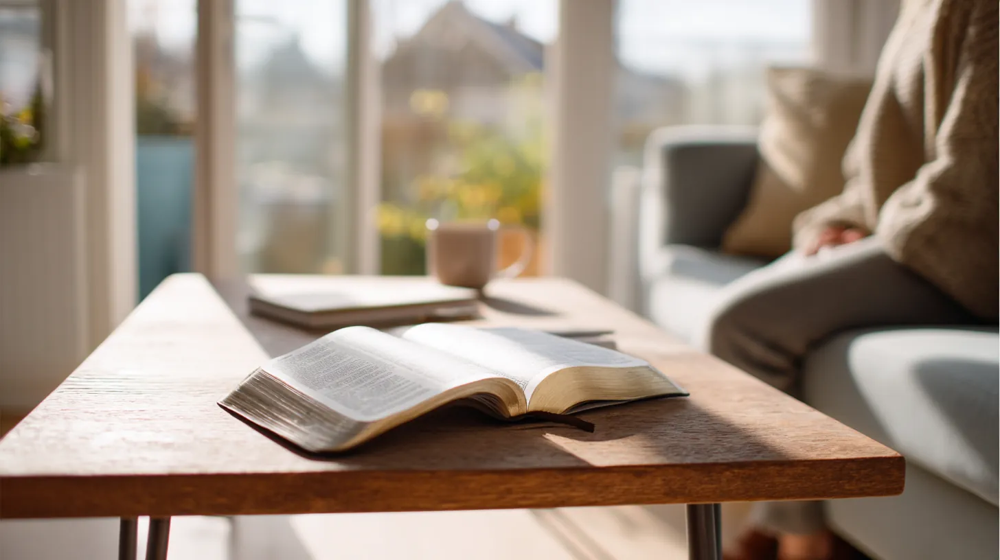 Person läser Bibeln i morgonljus och antecknar om Psalm 23:1.