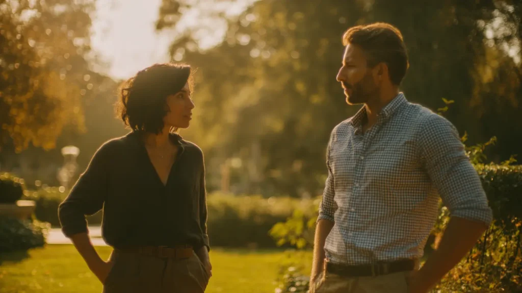 Två personer samtalar lugnt i parkmiljö om moraliska val.