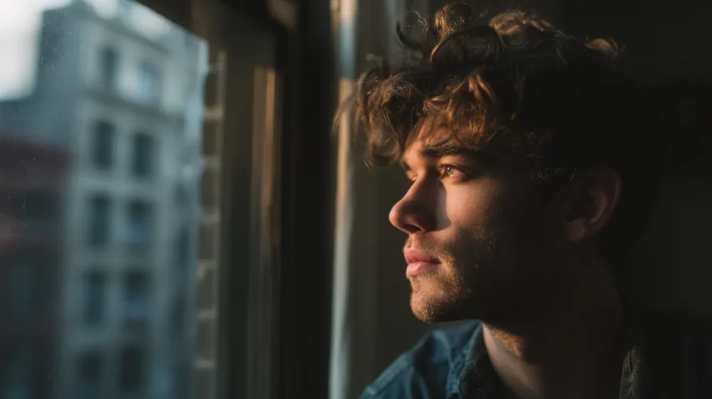 En man ser ut genom fönstret och funderar över livets mening.
