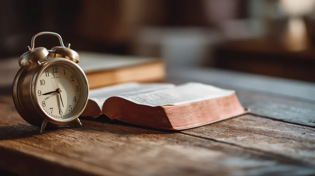 En öppen Bibel och en klocka i mjukt ljus symboliserar tålamod.