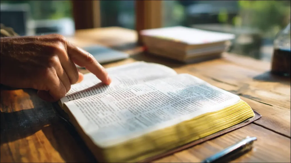  Närbild på händer som pekar på en bibelvers vid ett träbord med anteckningsbok och penna.

