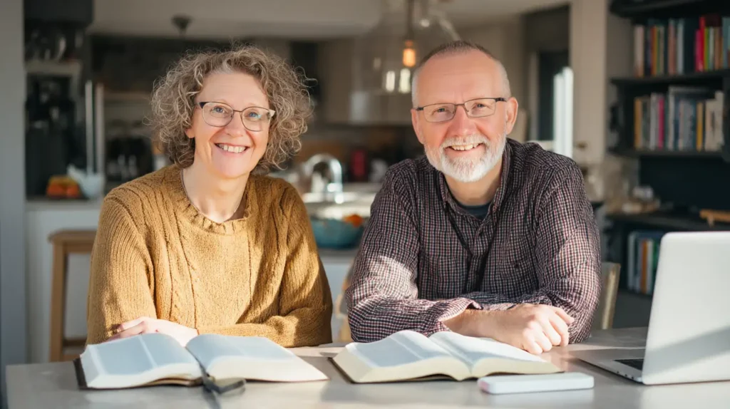  Två personer studerar Bibeln online vid ett köksbord med laptop och öppna biblar.
