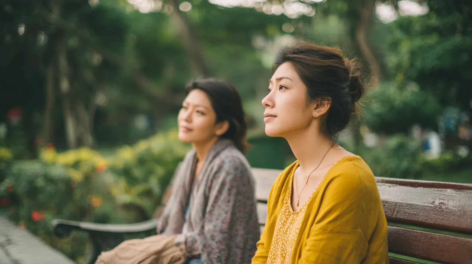 Två asiatiska kvinnor sitter i parken och samtalar lugnt