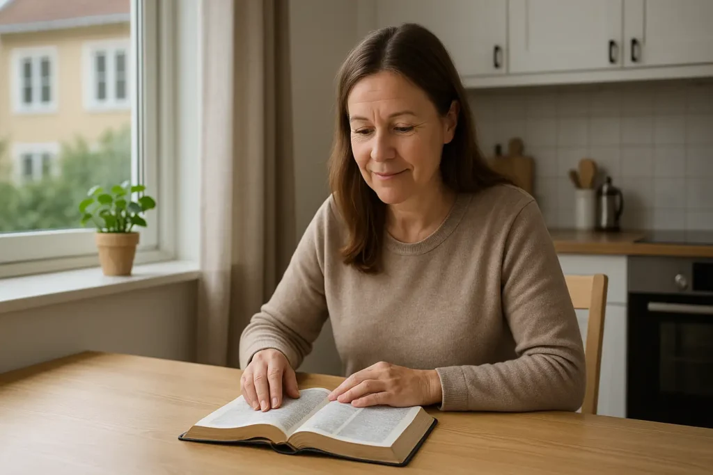 En person studerar Bibeln hemma vid köksbordet under dagsljus.