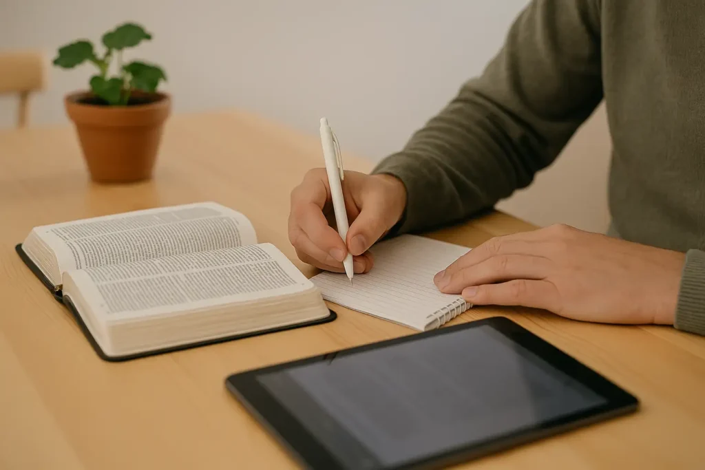 Händer som antecknar bredvid en öppen Bibel och surfplatta under studiestund hemma.