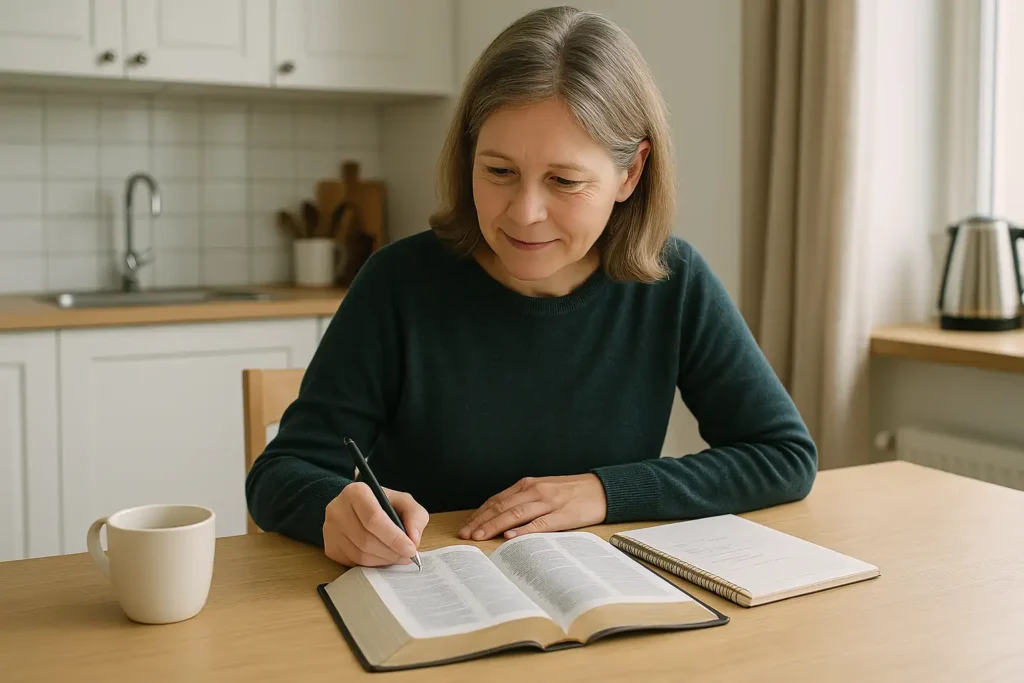En person studerar Bibeln lugnt vid köksbordet med anteckningar.