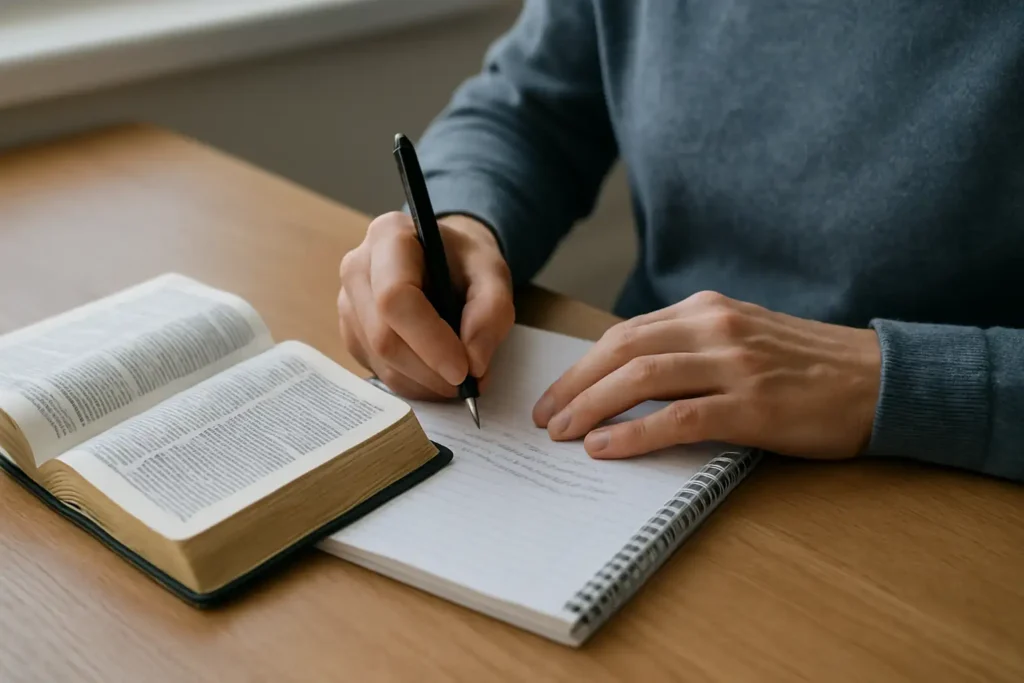 Närbild av händer som antecknar under ett bibelstudium.